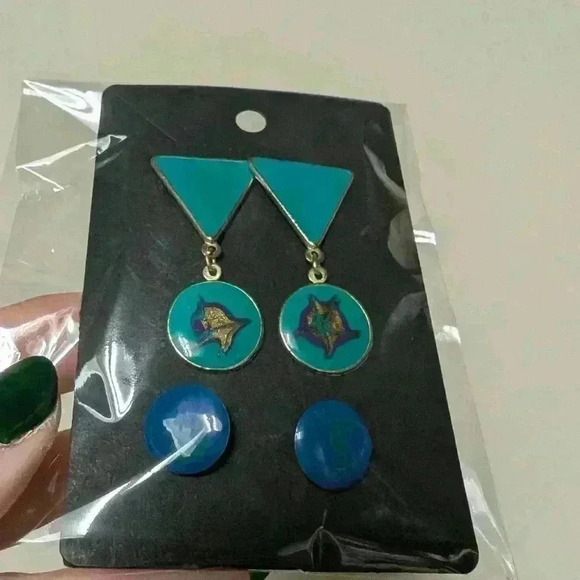 Vintage  pair of 80s blue earrings - Picture 1 of 7